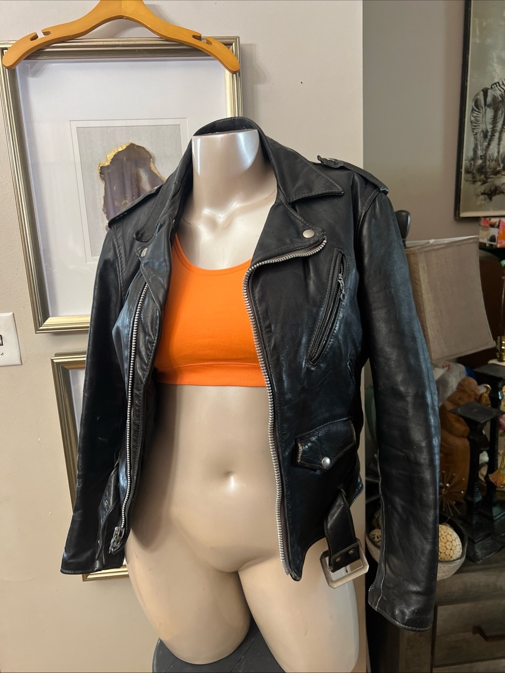 Vintage 1970 original Schott NYC Black Leather Biker Jacket with Zipper Details